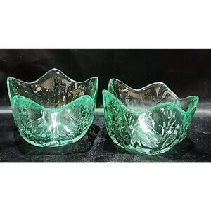 Set Of 2 Recycled Glass Leaf Lotus Flower Candle Holder / Trinket Bowl Green